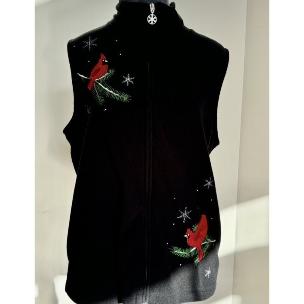 Vtg Large Petite Fleece Cardinal Birds Holiday Winter Cabin Granny Christmas